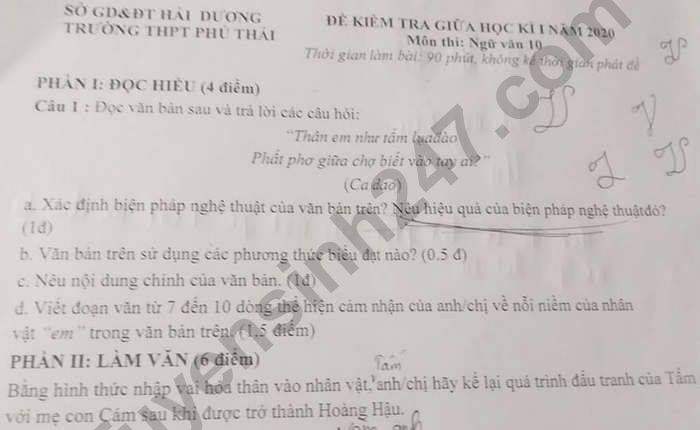 De kiem tra giua HK1 mon Van lop 10 THPT Phu Thai nam 2020