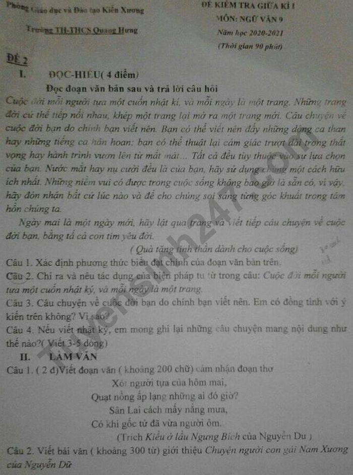 De kiem tra giua HK1 nam 2020 TH-THCS Quang Hung Van lop 9