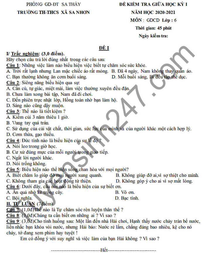 De kiem tra giua HK1 GDCD lop 6 nam 2020 TH-THCS Sa Nhon