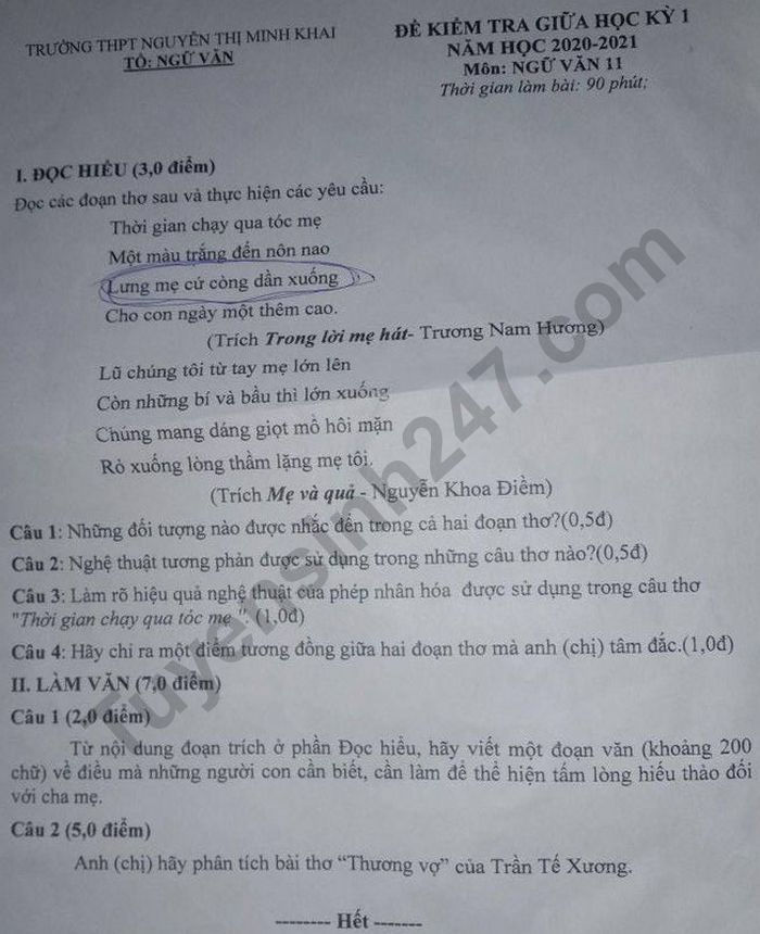 De kiem tra giua HK1 mon Van lop 11 - THPT Nguyen Thi Minh Khai 2020