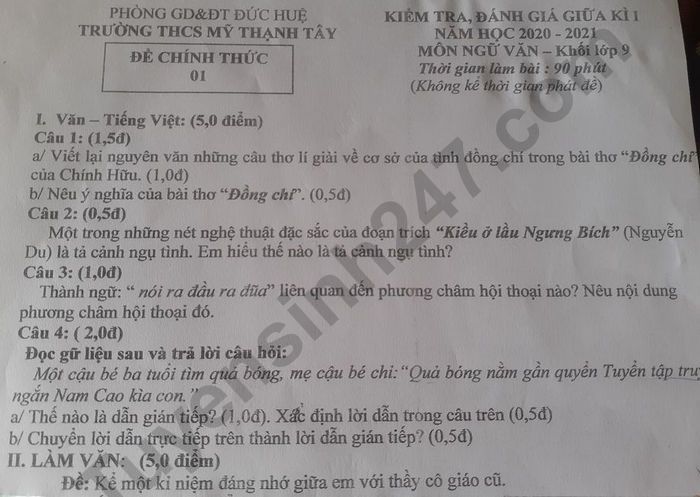 De kiem tra giua ki 1 mon Van lop 9 - THCS My Thanh Tay 2020