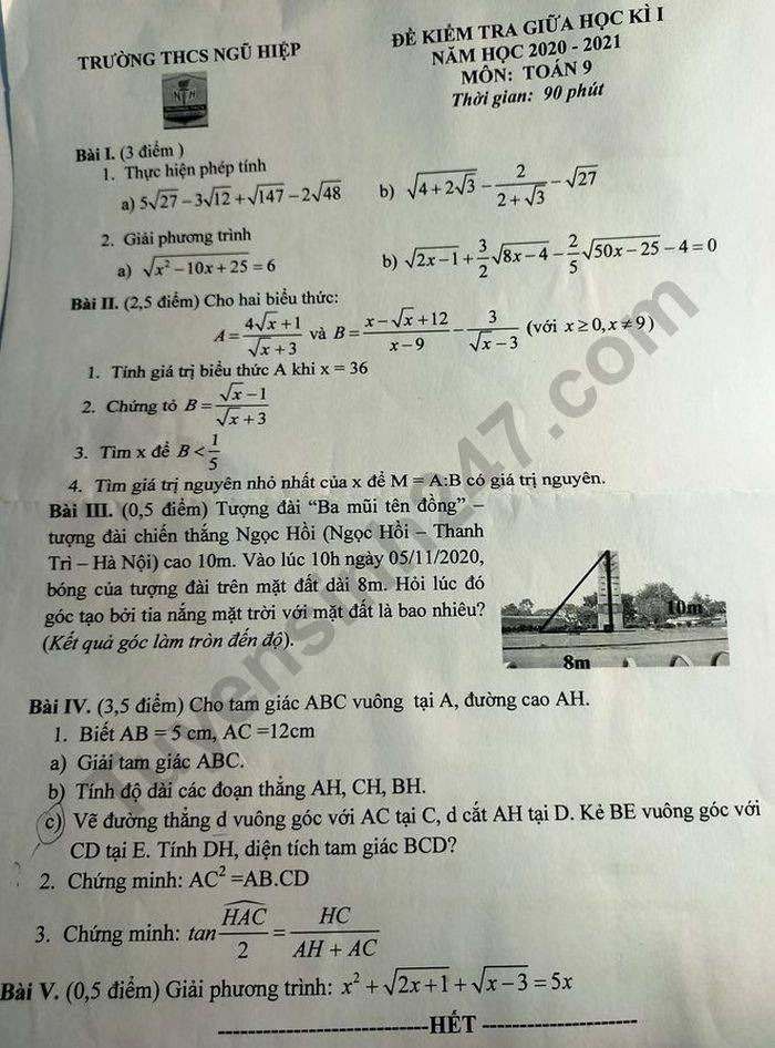 De kiem tra giua HK1 mon Toan lop 9 THCS Ngu Hiep nam 2020