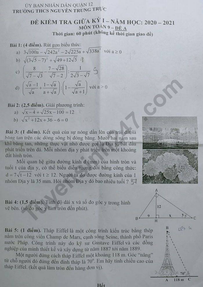 De kiem tra giua HK1 2020 Toan lop 9 THCS Nguyen Trung Truc
