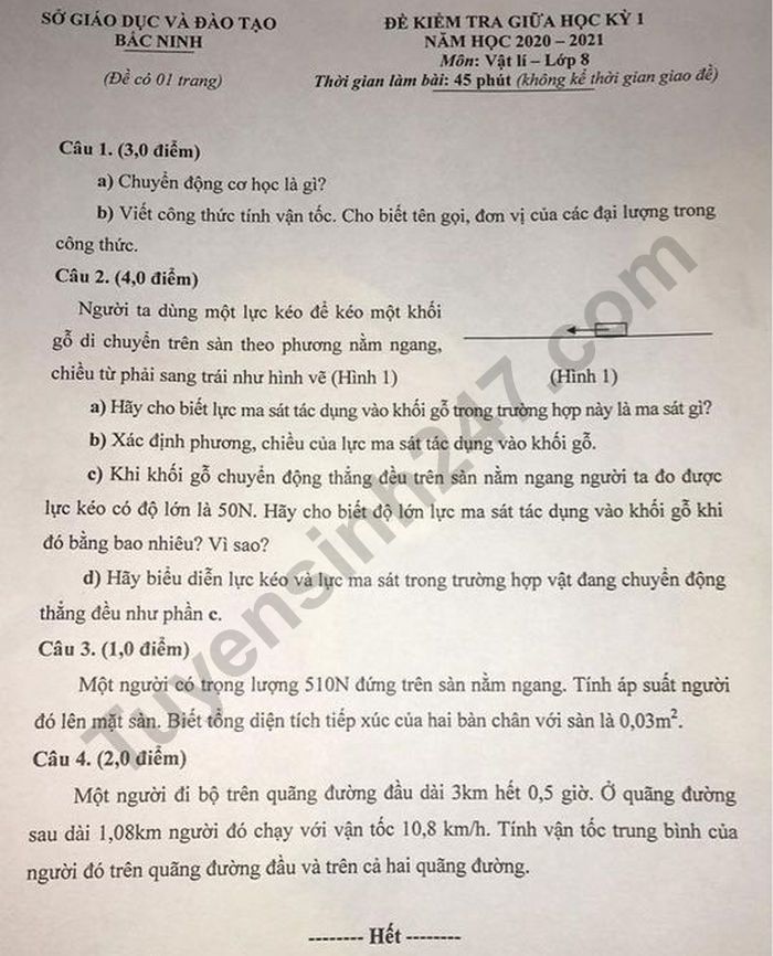 De kiem tra giua hoc ki 1 mon Vat Li lop 8 - So GD Bac Ninh 2020