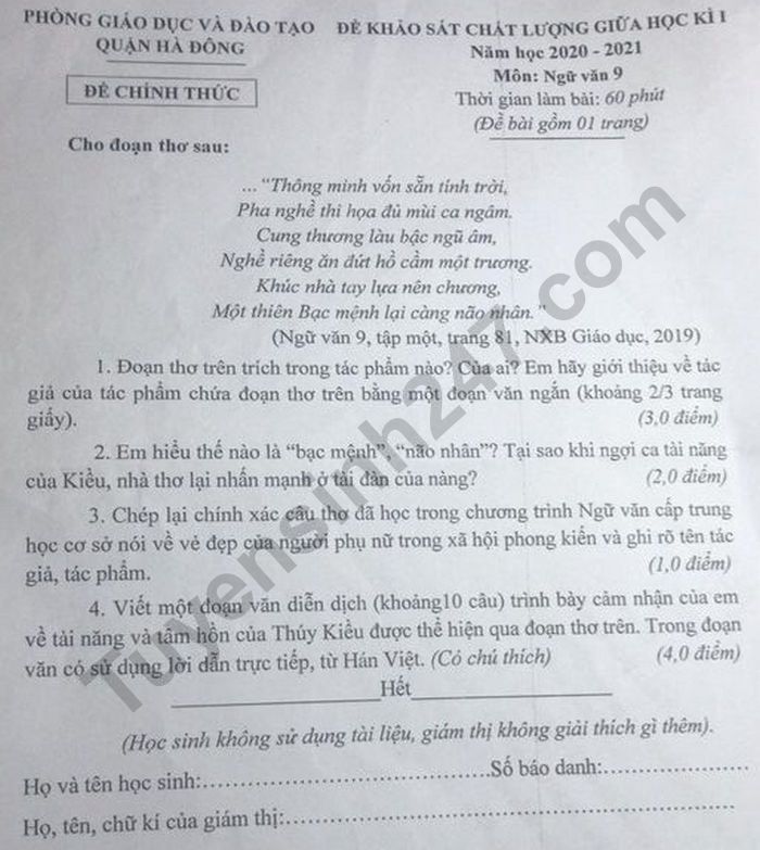 De thi giua hoc ki 1 lop 9 mon Van Quan Ha Dong nam 2020
