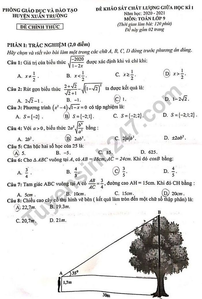 De thi giua hoc ki 1 nam 2020 mon Toan lop 9 - Huyen Xuan Truong