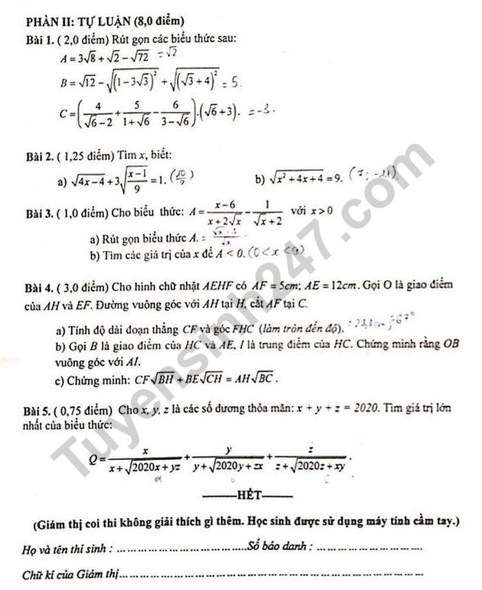 De thi giua hoc ki 1 nam 2020 mon Toan lop 9 - Huyen Xuan Truong