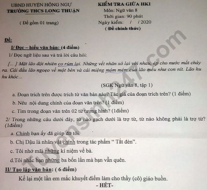 De kiem tra giua ki 1 lop 8 mon Van - THCS Long Thuan 2020