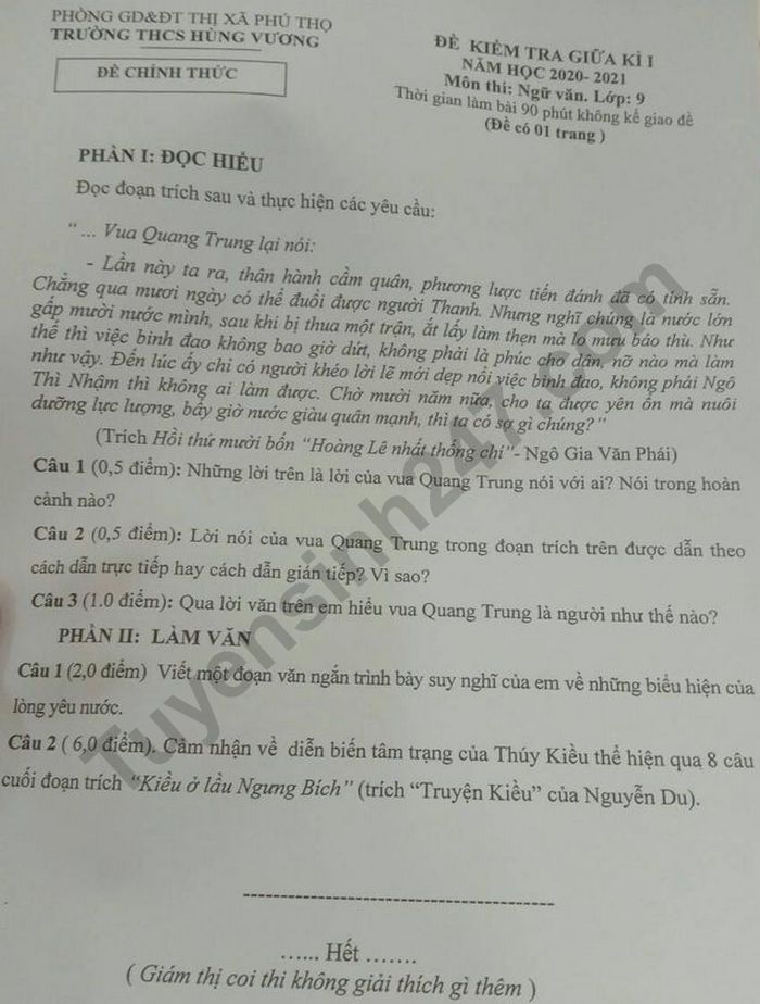 De kiem tra giua ki 1 lop 9 mon Van nam 2020 THCS Hung Vuong