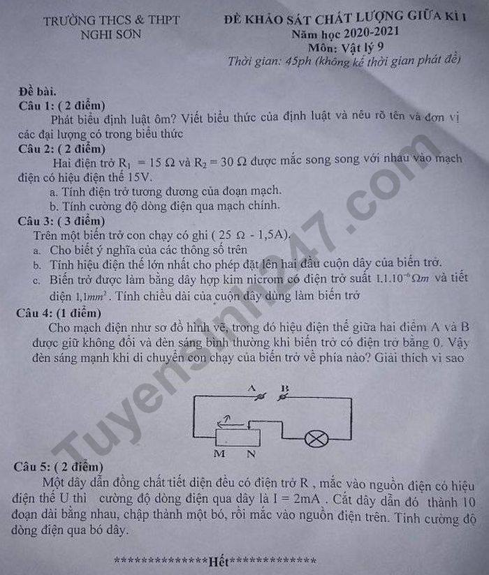 De kiem tra giua HK1 nam 2020 Ly lop 9 THCS-THPT Nghi Son