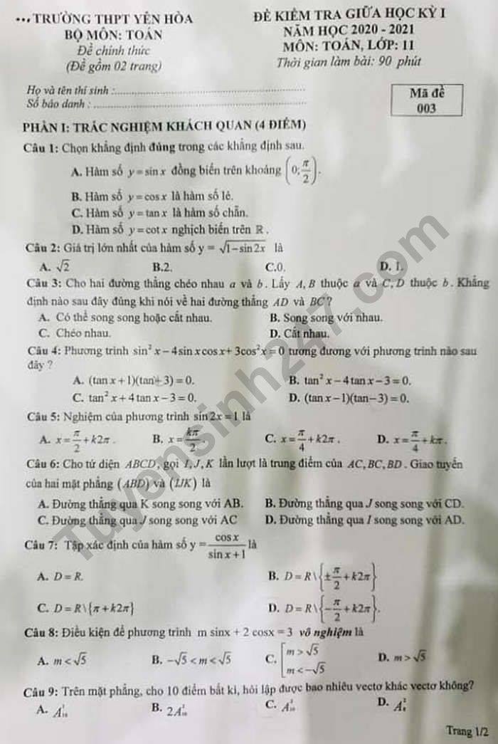 De kiem tra giua HK1 nam 2020 THPT Yen Hoa mon Toan lop 11
