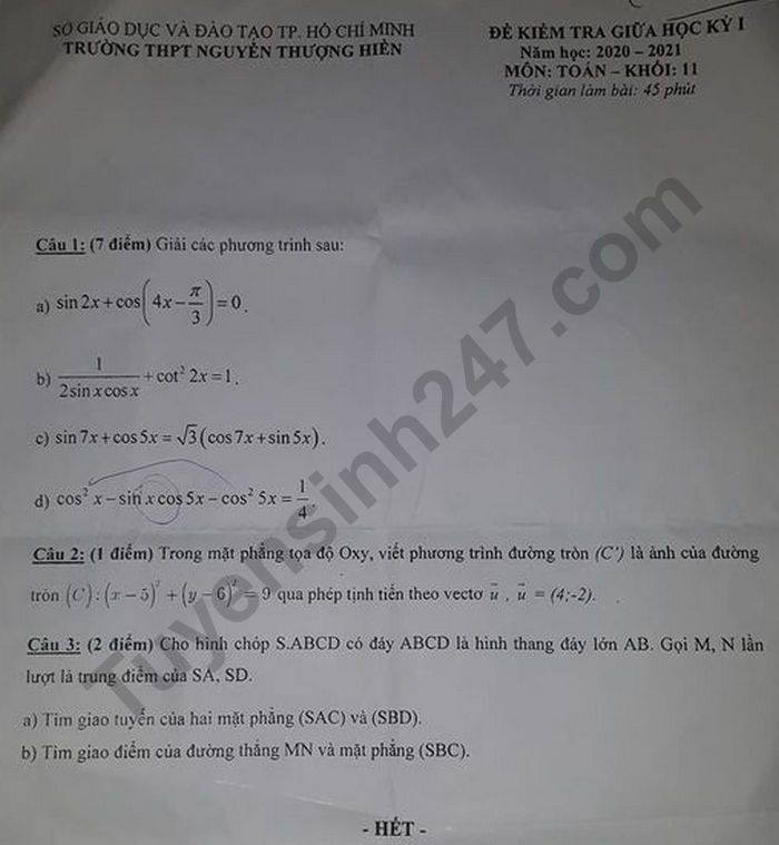De kiem tra giua HK1 THPT Nguyen Thuong Hien mon Toan 11 nam 2020