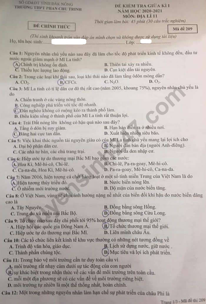De kiem tra giua HK1 nam 2020 THCS Phan Chu Trinh Dia lop 11
