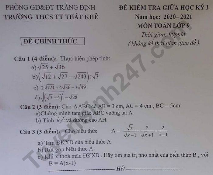 De kiem tra giua HK1 nam 2020 THCS That Khe Toan lop 9