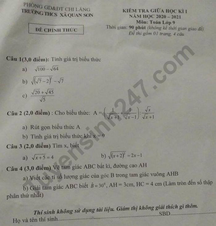 De kiem tra giua HK1 THCS Xa Quan Son nam 2020 Toan lop 9
