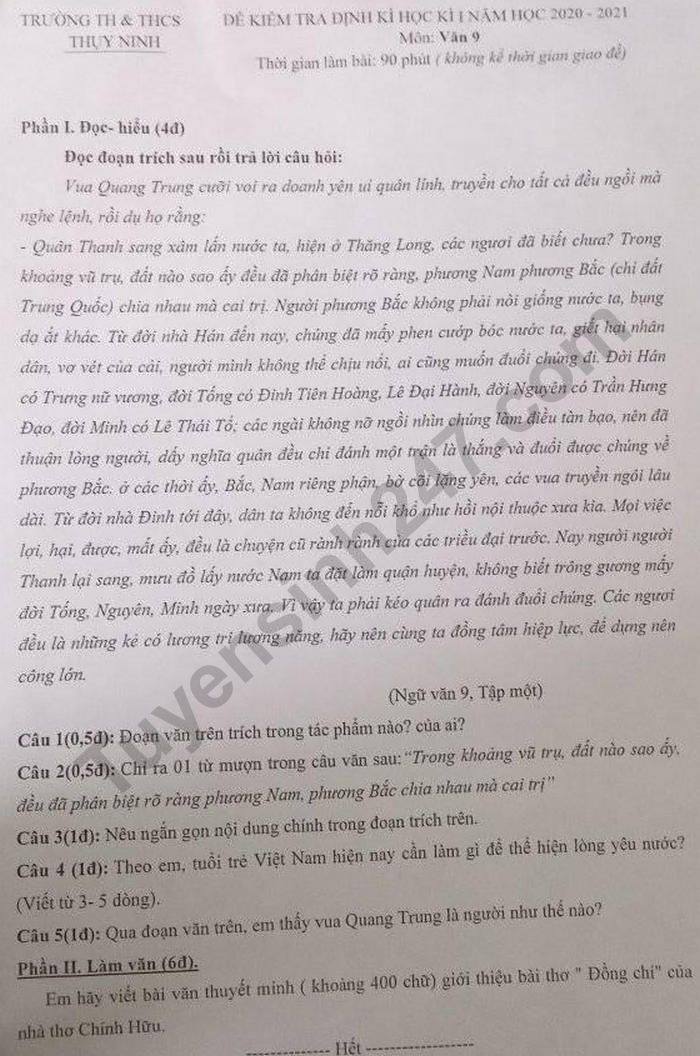 De kiem tra giua HK1 nam 2020 TH-THCS Thuy Linh Van lop 9