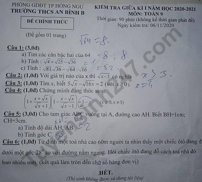 De kiem tra giua HK1 nam 2020 THCS An Binh B mon Toan lop 9