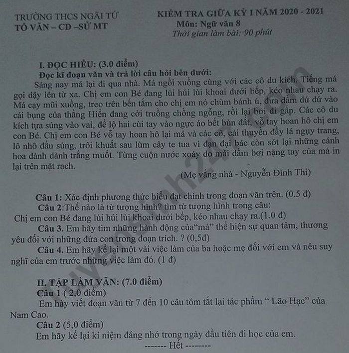 De kiem tra giua HK1 nam 2020 THCS Ngai Tu mon Van lop 8