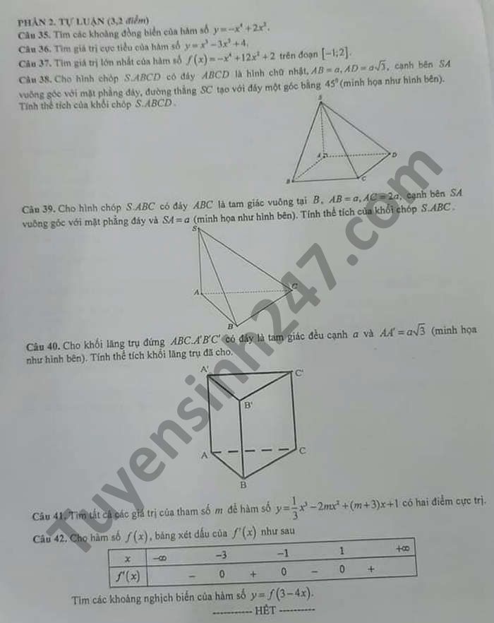 De kiem tra giua HK1 nam 2020 THPT Tan Tuc Toan lop 12