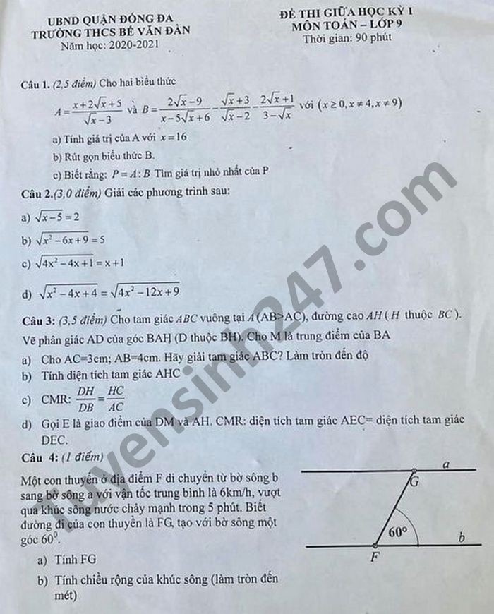 De kiem tra giua HK1 Toan lop 9 nam 2020 THCS Be Van Dan