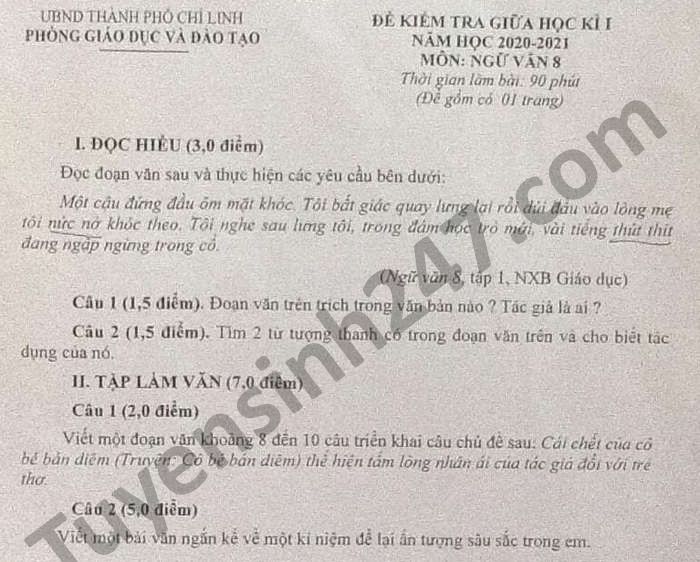 De kiem tra giua HK1 nam 2020 Van lop 8 Phong GD TP Chi Linh