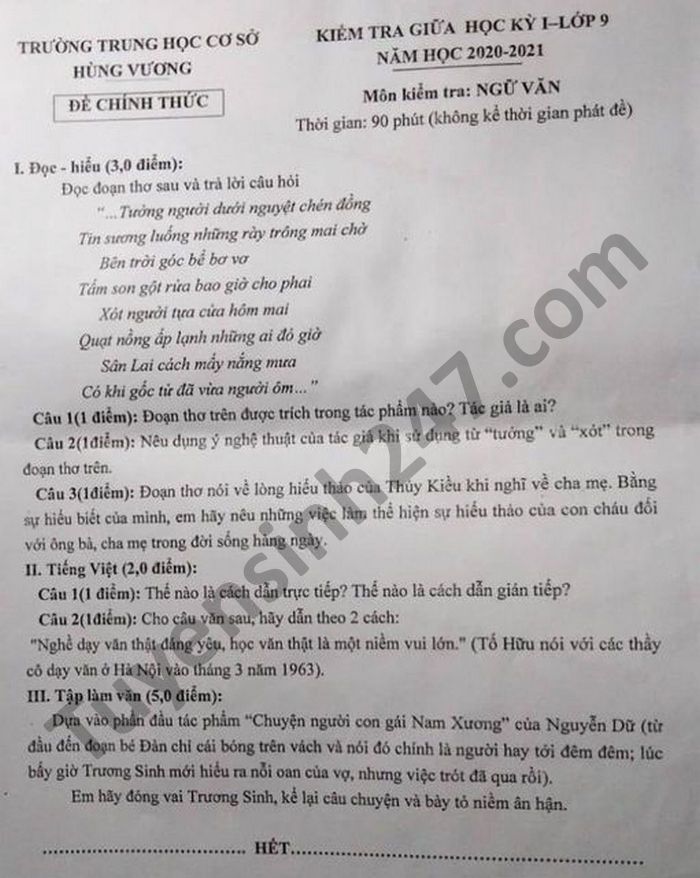 De kiem tra giua HK1 nam 2020 THCS Hung Vuong Van lop 9