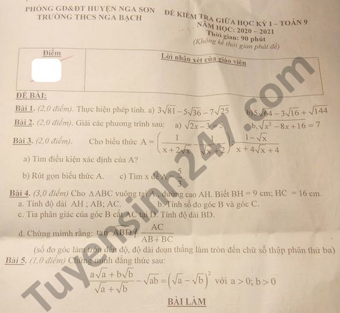 De kiem tra giua HK1 nam 2020 THCS Nga Bach Toan lop 9