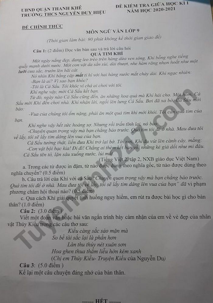 De kiem tra giua HK1 nam 2020 Van lop 9 THCS Nguyen Duy Hieu