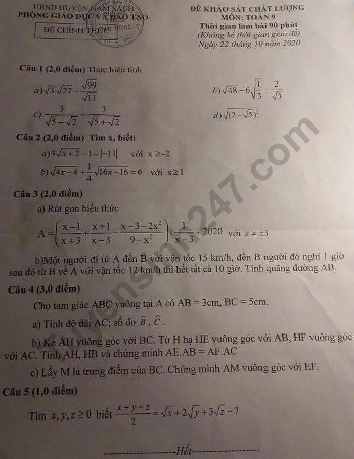 De kiem tra giua HK1 nam 2020 huyen Nam Sach Toan lop 9
