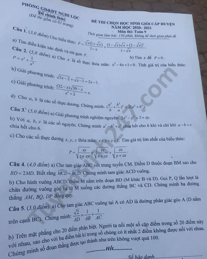 De kiem tra giua HK1 nam 2020 Toan lop 9 Phong GD Nghi Loc