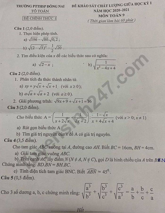 De kiem tra giua HK1 Toan lop 9 2020 truong PTTHSP Dong Nai
