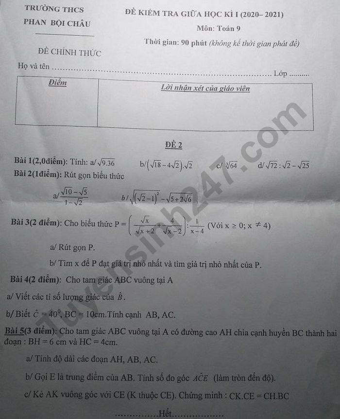 De kiem tra giua HK1 nam 2020 THCS Phan Boi Chau Toan lop 9