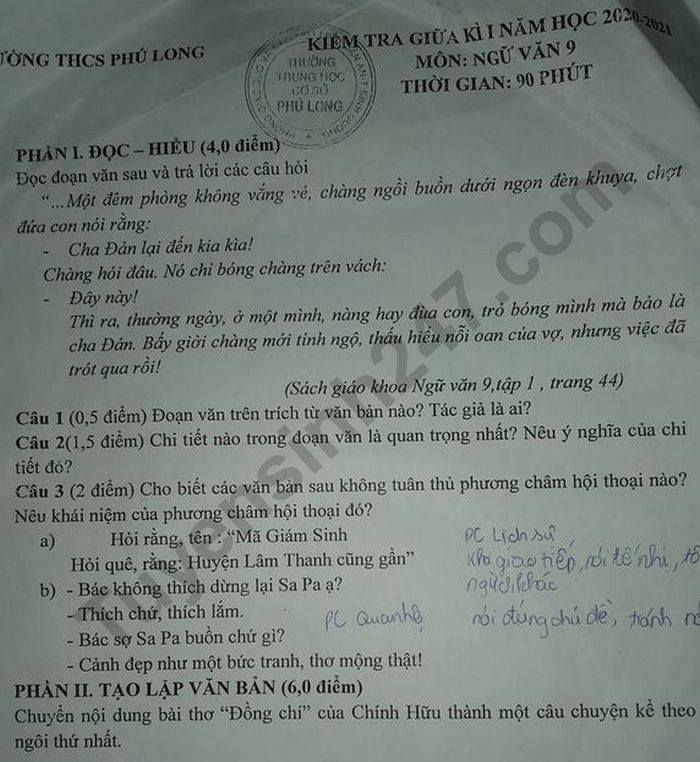 De kiem tra giua HK1 Van lop 9 nam 2020 THCS Phu Long
