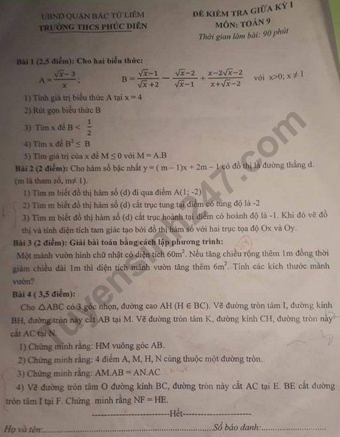 De kiem tra giua HK1 nam 2020 THCS Phuc Dien Toan lop 9