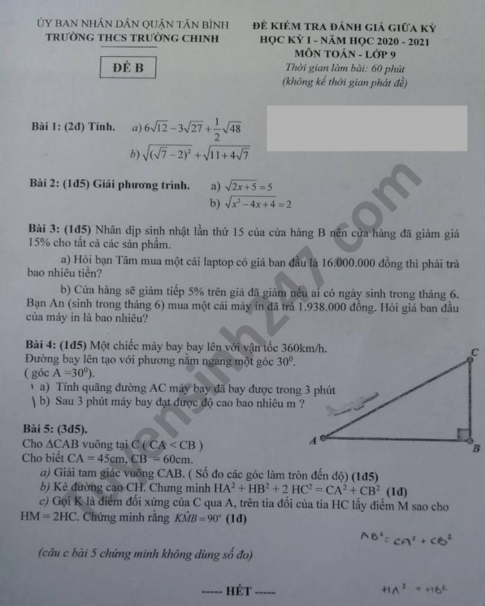 De kiem tra giua HK1 nam 2020 Toan lop 9 THCS Truong Chinh