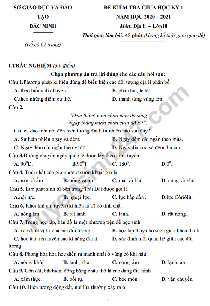 De kiem tra giua HK1 nam 2020 mon Dia lop 10 - So GD Bac Ninh