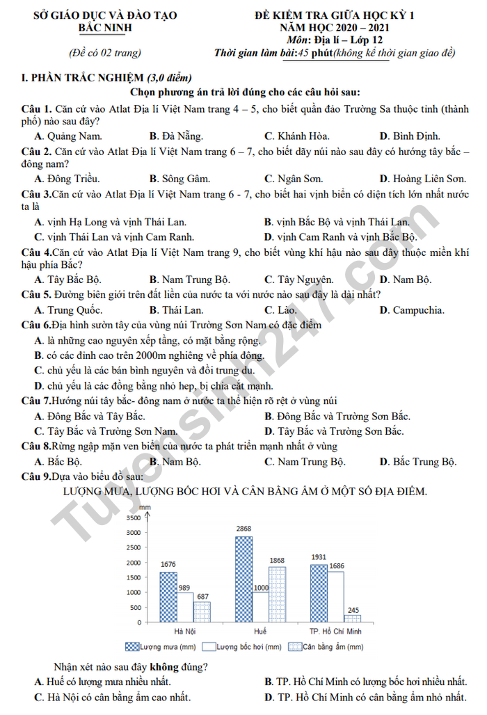 De kiem tra giua HK1 mon Dia lop 12 - So GD Bac Ninh 2020
