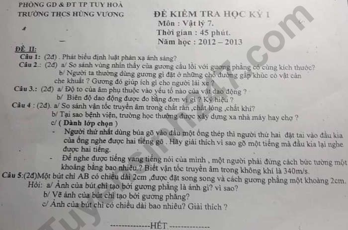 De kiem tra giua HK1 lop 7 THCS Hung Vuong Vat ly nam 2020