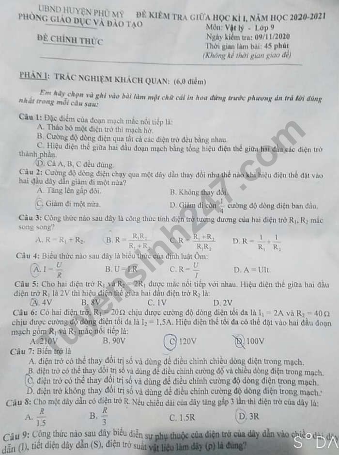 De kiem tra giua HK1 nam 2020 huyen Phu My mon Ly lop 9