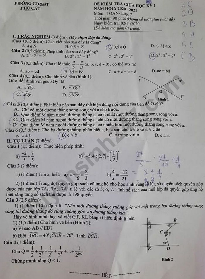 De kiem tra giua HK1 nam 2020 phong GD Phu Cat Toan lop 7
