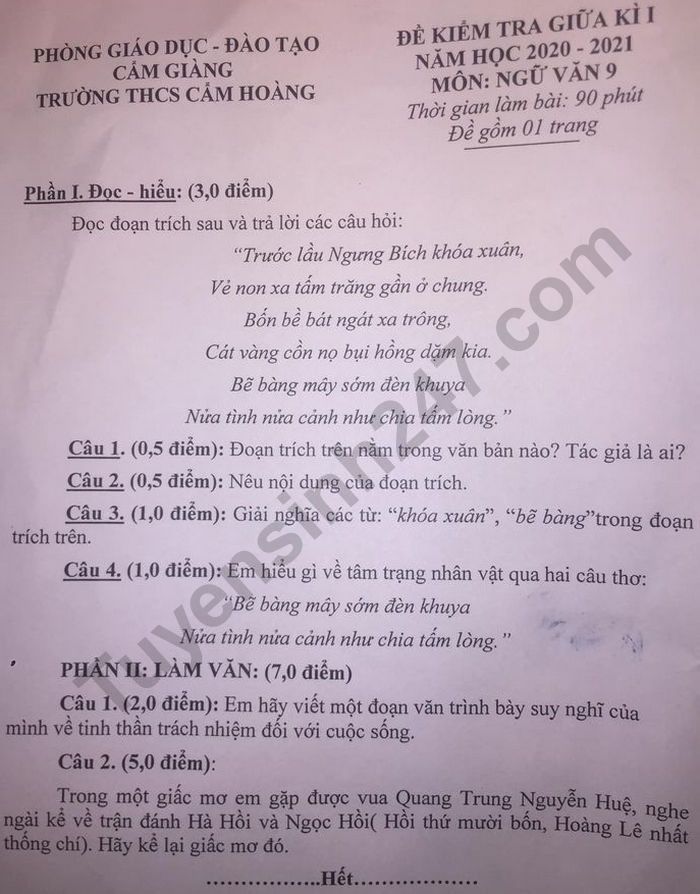 De kiem tra giua HK1 nam 2020 Van lop 9 THCS Cam Hoang