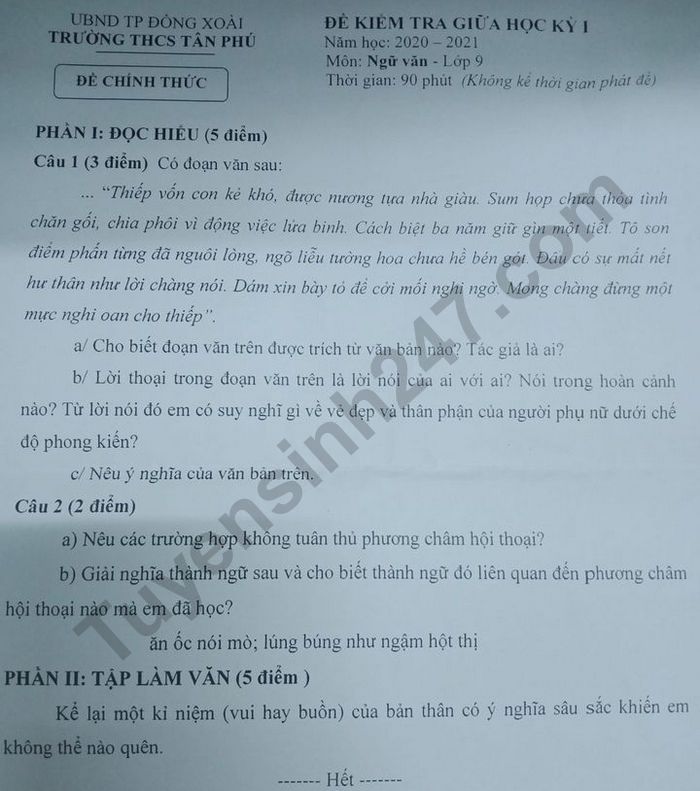 De kiem tra giua HK1 2020 THCS Tan Phu lop 9 mon Van