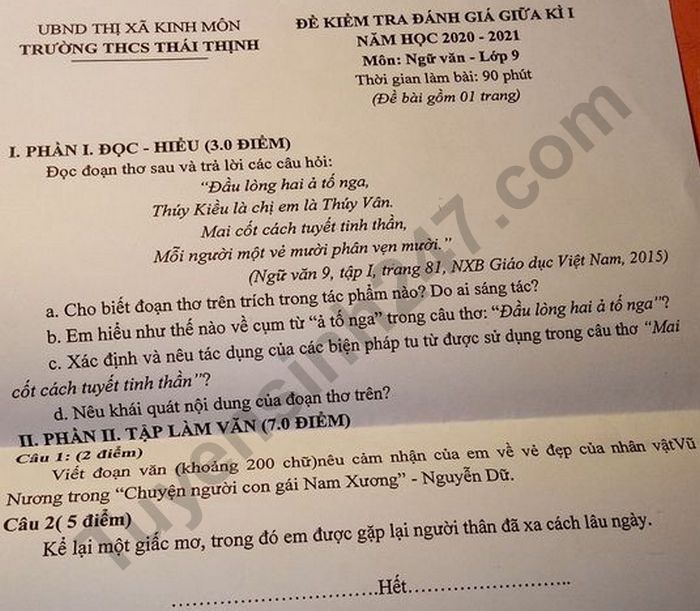 De kiem tra giua HK1 THCS Thai Thinh nam 2020 Van lop 9
