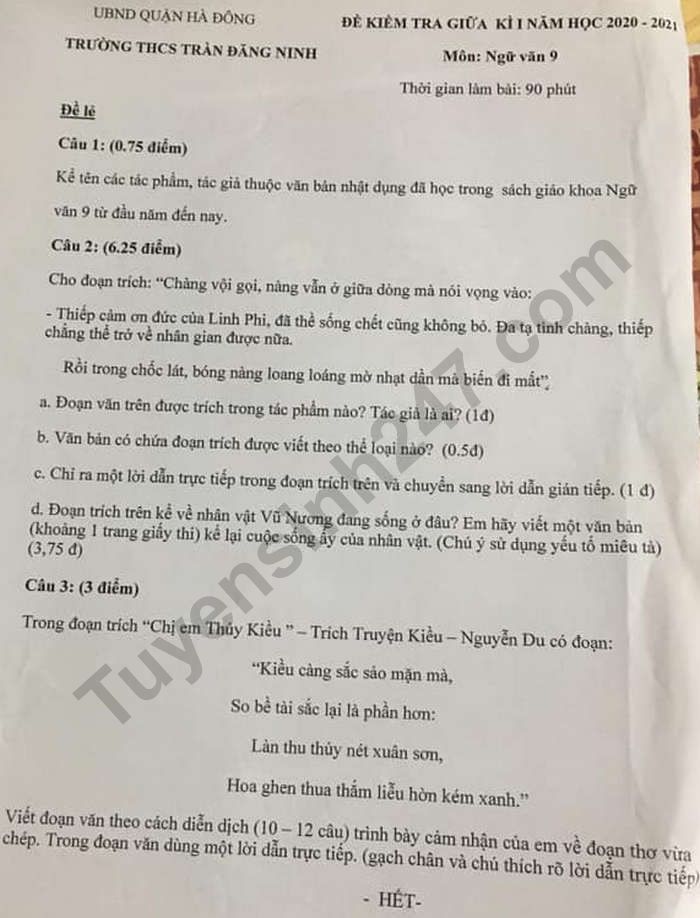 De kiem tra giua HK1 nam 202 Van lop 9 THCS Tran Dang Ninh