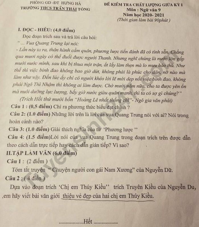 De kiem tra giua HK1 nam 2020 THCS Tran Thai Tong mon Van lop 9