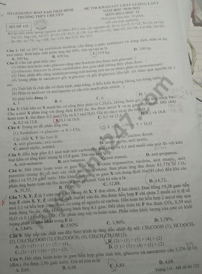 De kiem tra chat luong lan 1 2020 THPT chuyen Thai Binh mon Hoa lop 12