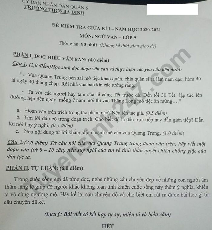 De kiem tra giua ki 1 THCS Ba Dinh nam 2020 mon Van lop 9