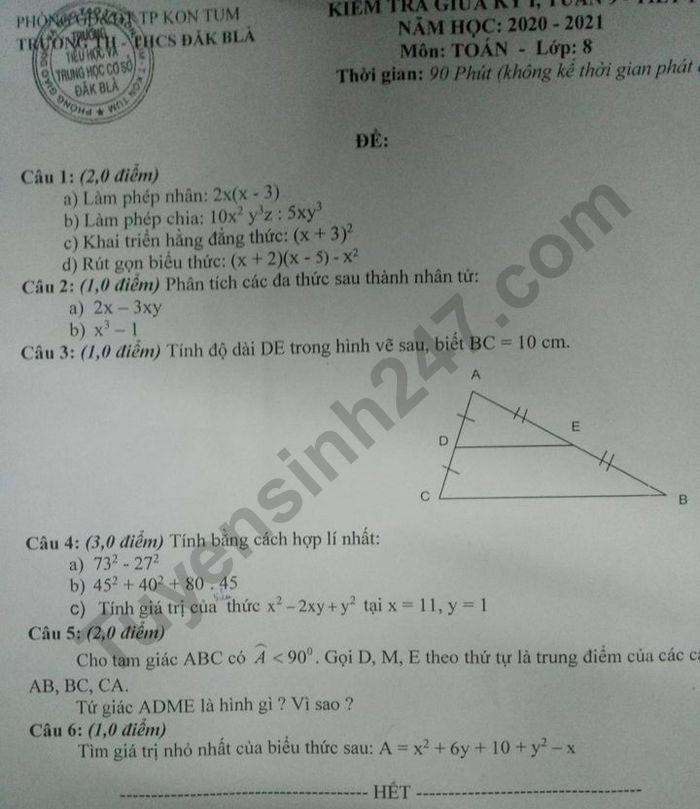 De kiem tra giua HK1 nam 2020 THCS Dak BLa mon Toan lop 8