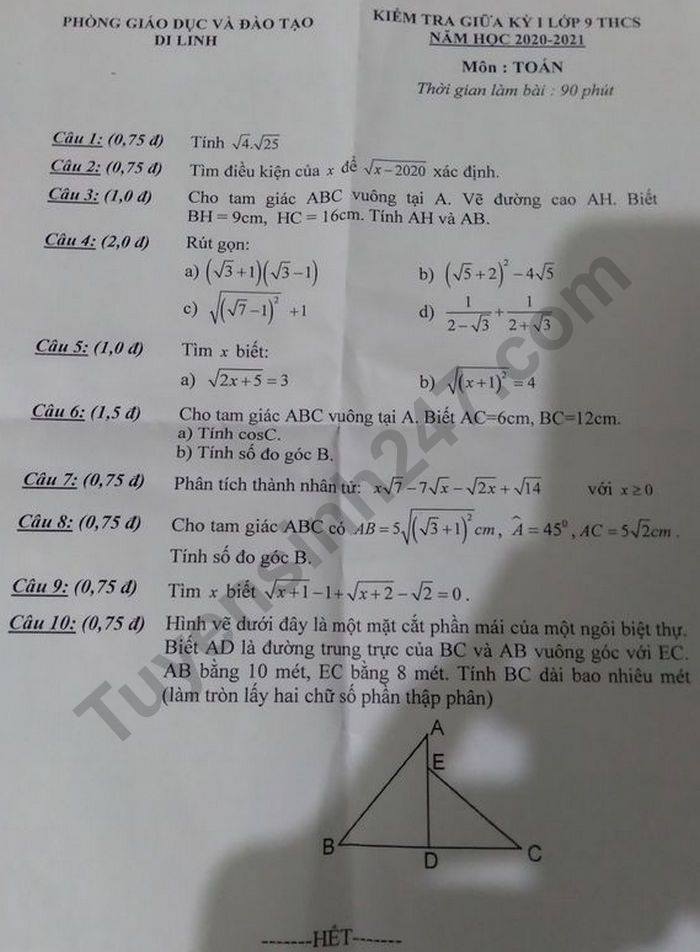 De kiem tra giua HK1 nam 2020 phong GD Di Linh Toan lop 9