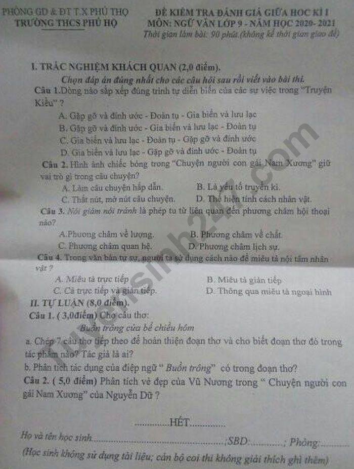 De kiem tra giua HK1 THCS Phu Ho mon Van lop 9 nam 2020